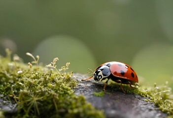 Obraz premium A colorful ladybug with black spots crawls on a mossy surface, surrounded by tiny plants.