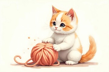 cat with a wool ball, cute cat watercolor illustration