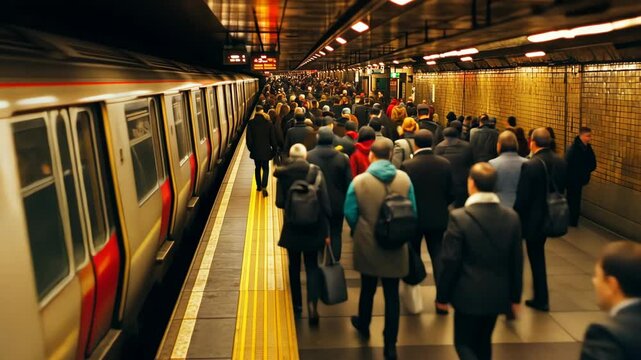Urban subway commute: diverse crowd boarding train during rush hour