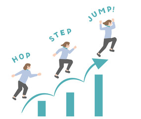 ステップアップ、レベルアップ、スキルアップ、ジャンプアップ、成長のイメージのピクトグラム風のビジネスウーマンのイラストセット