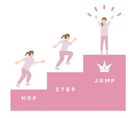 ステップアップ、レベルアップ、スキルアップ、ジャンプアップ、成長のイメージのピクトグラム風の看護師のイラストセット