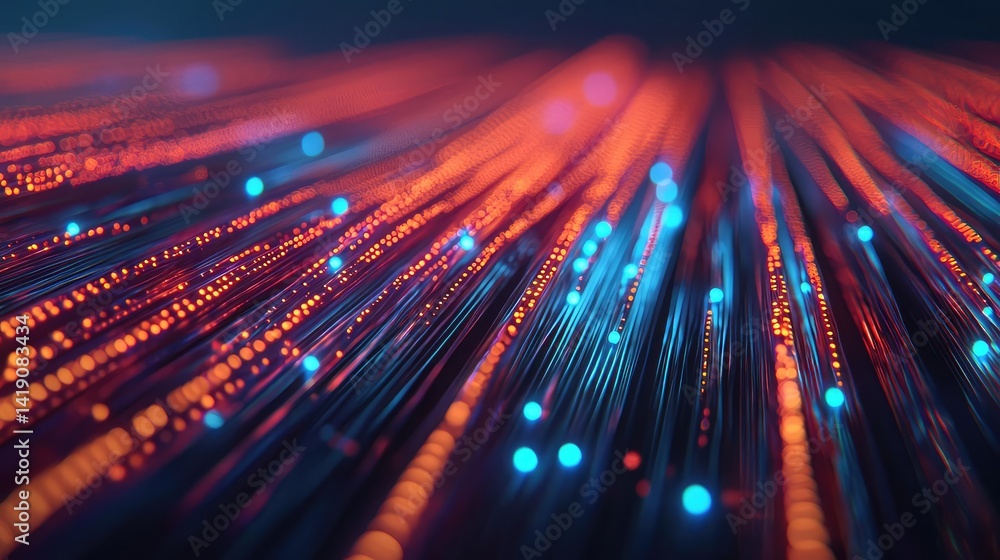 Poster lights of glowing fiber optic cables in network technology concept. abstract visualization of data f