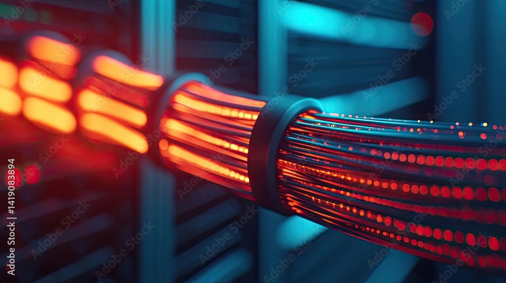 Poster lights of glowing fiber optic cables in network technology concept. close-up of illuminated data cab