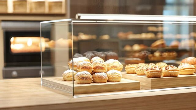 Freshly baked pastries in bakery window display