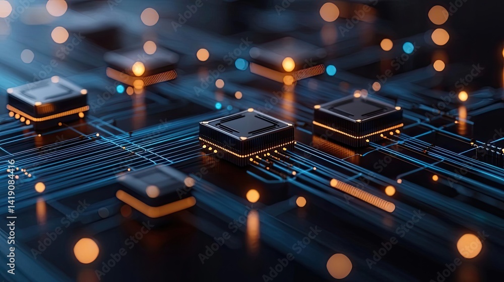 Poster lights of glowing fiber optic cables in network technology concept. close-up view of a circuit board