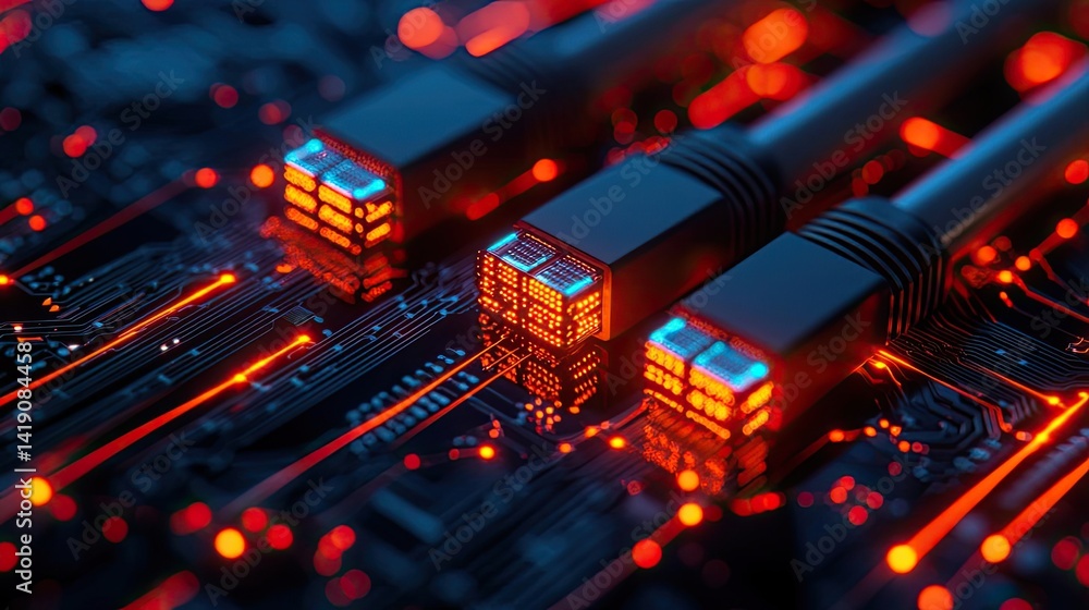 Poster lights of glowing fiber optic cables in network technology concept. close-up of illuminated network 