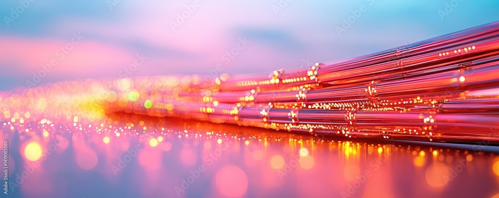 Poster lights of glowing fiber optic cables in network technology concept. vivid abstract light trails crea