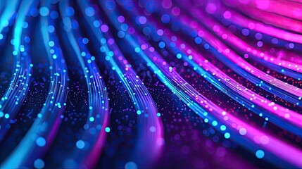 Lights of glowing fiber optic cables in network technology concept. Abstract colorful light waves creating a vibrant digital background.