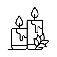 Outline drawing of two candles with melting wax and leaves for spa or relaxation theme design