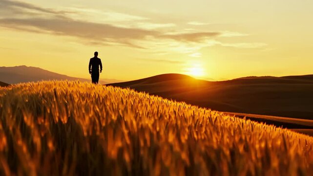Silhouette of man in sunset landscape with rolling hills