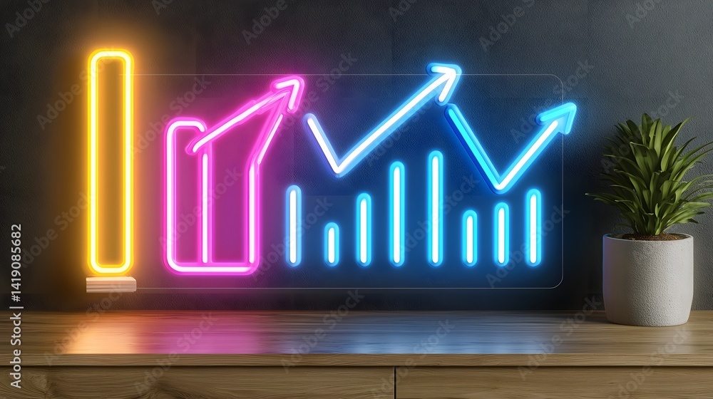 Aufkleber dynamic real time business growth report featuring vibrant neon data visualizations on a sleek dark 