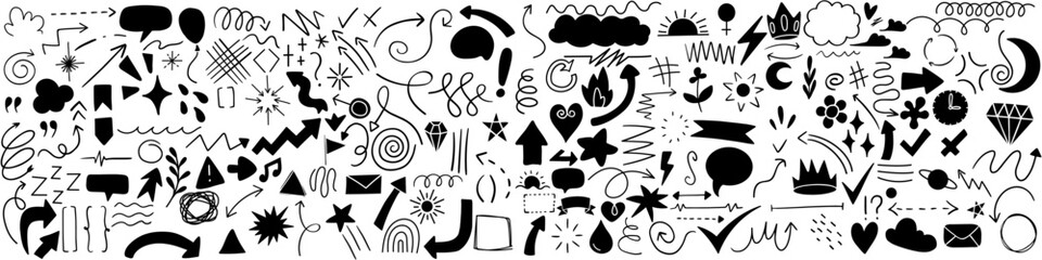 Hand drawn sketch elements set. Arrow icon vector collection. Hand drawn arrow illustration sign.