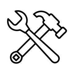 Wrench and hammer crossed outline vector icon for repair construction maintenance handyman service tools