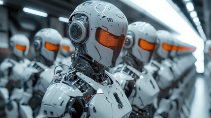 Fototapeta premium Rows of futuristic white robots stand in formation.