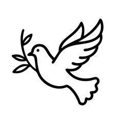 Dove with olive branch illustration, peace symbol vector, flying bird outline drawing, hope icon art
