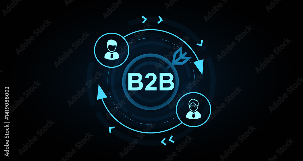 Poster b2b business concept with digital human icons and circular arrows in futuristic glowing interface on