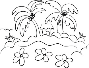 A vector illustration presents a hand-drawn tropical beach scene with a palm tree