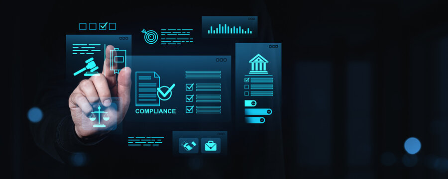 Hand interacting with futuristic compliance interface showing law, regulation, and data icons on a creative digital background in concept of business governance.