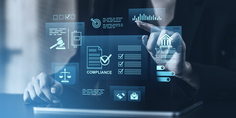 Digital compliance interface with legal and business icons accessed by a person on touchscreen, futuristic creative concept on blue background.