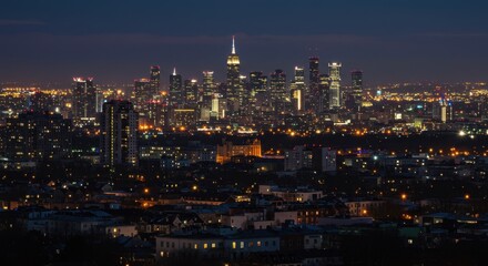 Night City Skyline Panorama with Illuminated Buildings