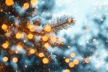 Snowy winter pine branches with warm glowing lights and soft snowfall
