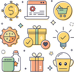 A vector set of flat design shopping icons for web includes a cart, basket, gift box, money symbol, and business illustrations for online sales and e-commerce