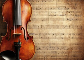 Naklejka premium Beautiful Vintage Violin on Old Sheet Music Background