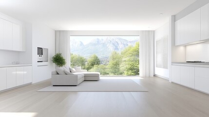 Modern, bright living area with panoramic mountain views.  Spacious, minimalist design featuring a comfortable sectional sofa, white cabinetry, and large windows showcasing the outdoor scenery