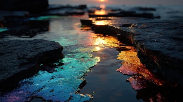 Iridescent Oil-Slicked Tar Pools Reflecting Sky &ndash; Conceptual Art of Ancient Preservation