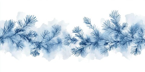 Christmas watercolor pattern with blue pine and spruce branches horizontal seamless winter decoration