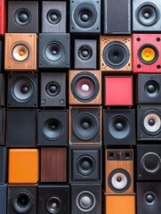 Obraz premium Colorful Arrangement of Various Speakers on a Stylish Wall Display