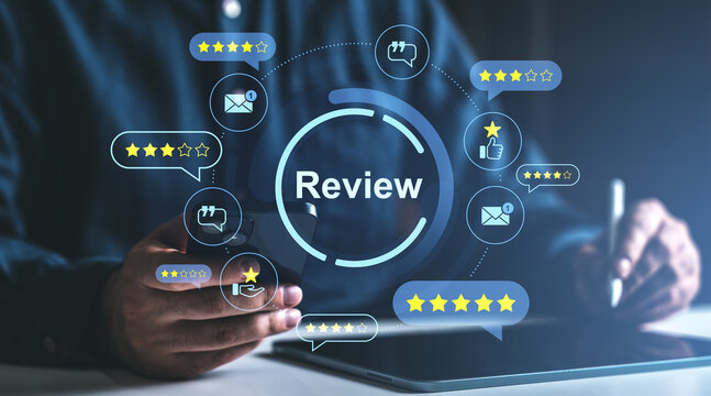 User review interface with star ratings and feedback icons on digital screen..