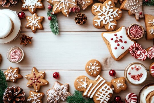 Festive holiday dessert table with gingerbread cookies and candy on rustic white wooden background flat lay top view