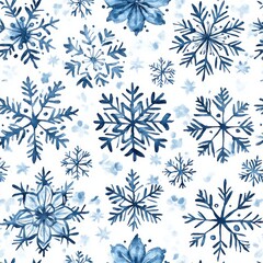 Fototapeta premium Blue and white watercolor snowflakes seamless pattern winter holiday decoration Christmas New Year minimalistic cold snowfall