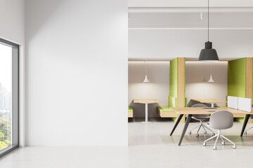 Bright modern office interior with empty white wall for poster mockup or canvas template, featuring minimal clean design and stylish layout. 3D Rendering