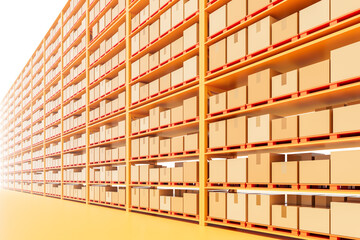 Endless warehouse shelves filled with cardboard boxes on pallets in bright environment, symbolizing logistics and inventory organization concept. 3D Rendering