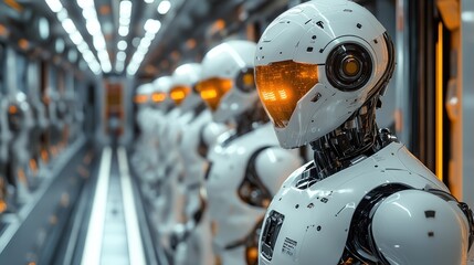 Fototapeta premium Rows of futuristic white robots in a manufacturing facility.