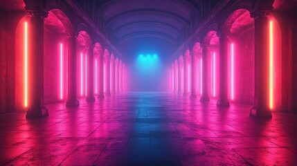 Obraz premium Empty stage with vibrant neon pink and blue lighting beams spotlight smoke futuristic cyberpunk concert event atmosphere