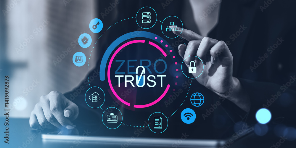 Poster zero trust cybersecurity concept with digital network icons and businessperson interacting with touc