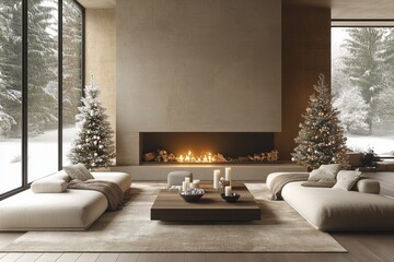 Cozy Scandinavian living room with two Christmas trees white ornaments modern fireplace natural light soft textures warm ambiance symmetrical ultra-realistic