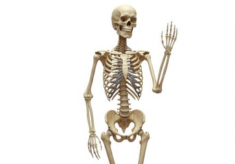 Anatomical skeleton waving its hand on white background