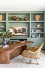 Modern home office with light-green cabinets and a wooden desk