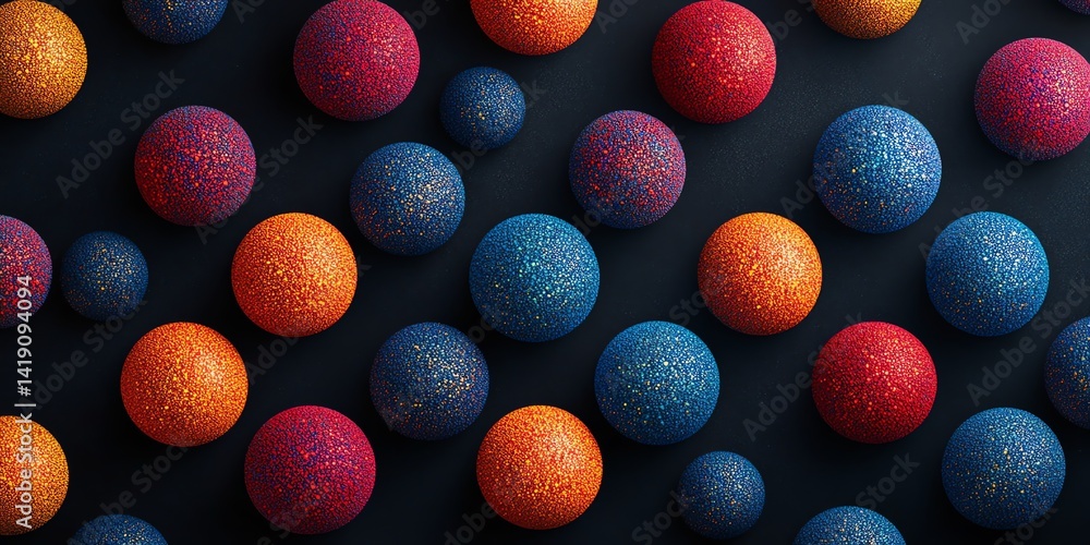 Poster vibrant red, blue, and orange textured spheres create a visually appealing pattern against a dark ba