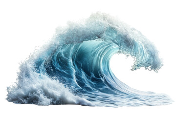 Dramatic ocean wave crashing isolated on black background with stunning teal and white hues on transparent background