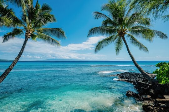 Idyllic tropical beach scene with clear turquoise water, leaning palm trees, and volcanic rock shoreline under a vibrant blue sky