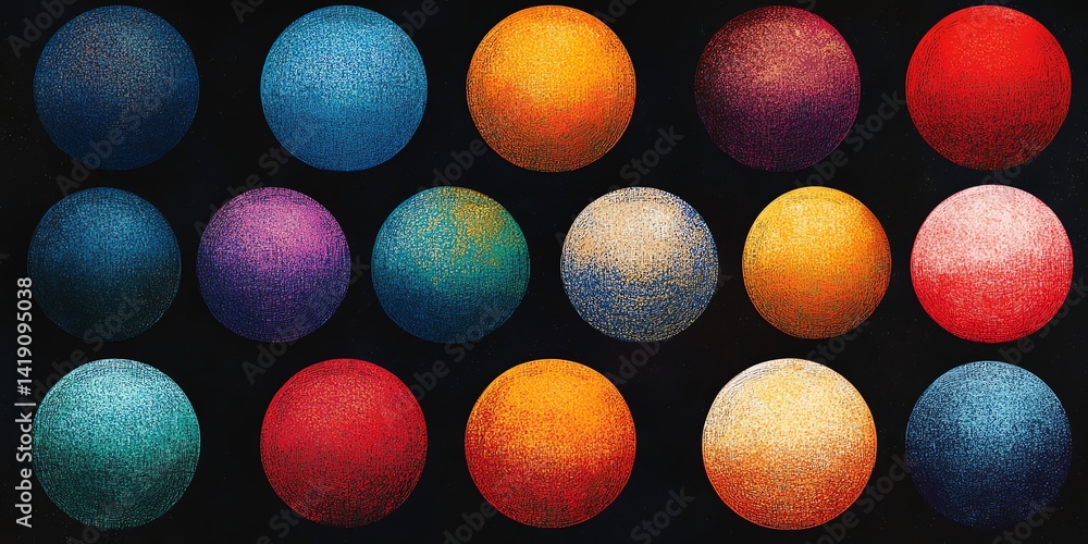 Poster vibrant colored spheres create a striking abstract pattern against a dark background perfect for dig