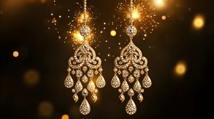 Fototapeta premium Elegant gold chandelier earrings adorned with shimmering diamonds, radiating luxury against a festive backdrop.