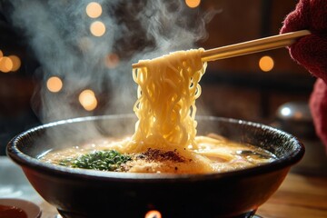 steaming bowl of ramen noodles held with chopsticks in hand cozy warm lighting close up asian meal delicious hot food dinner