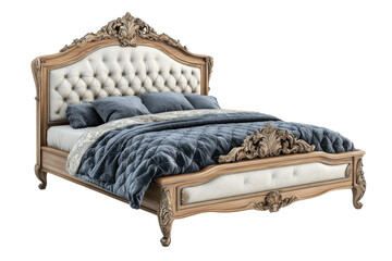 Elegant Baroque bed with ornate wood carvings tufted headboard and plush blue velvet bedding on transparent background