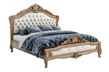 Elegant Baroque bed with ornate wood carvings tufted headboard and plush blue velvet bedding on transparent background